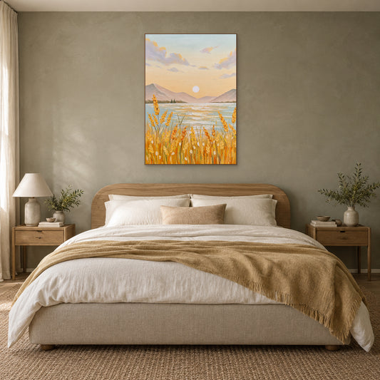 Golden grain landscape in an oak-tone frame centred above a curved wooden headboard