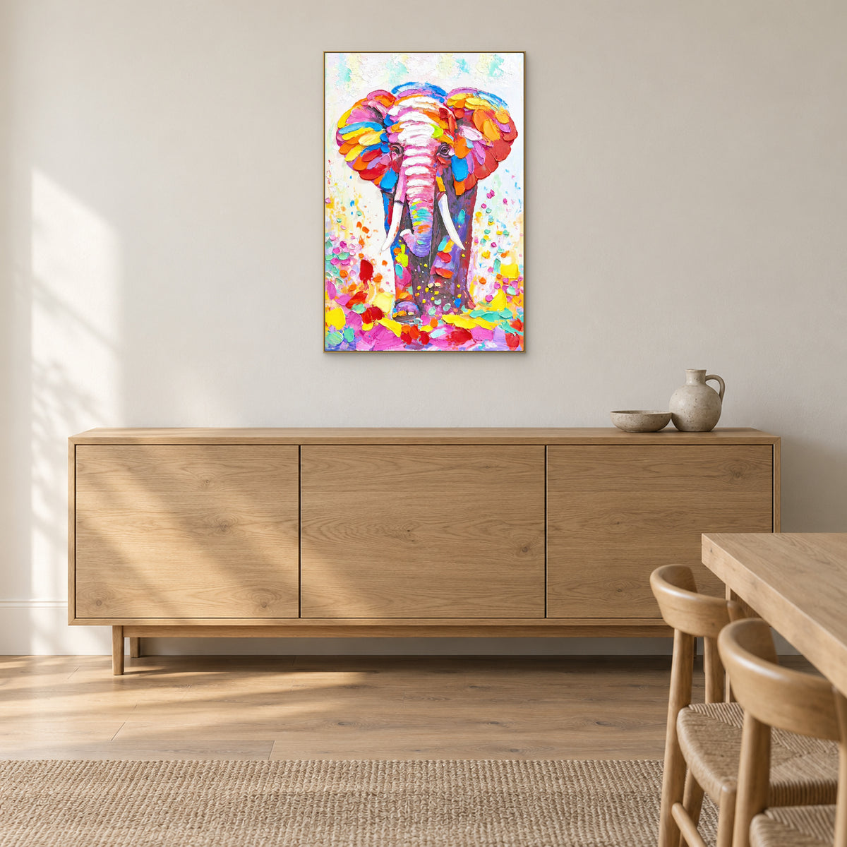 Elephant painting in a champagne-tone frame above an oak sideboard beside a dining table