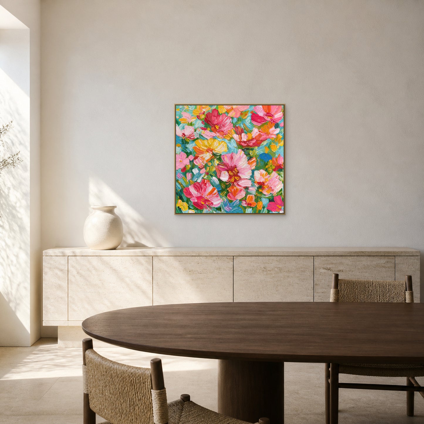 Floral Abundance in a slim champagne floating frame above a pale travertine credenza in a bright dining room