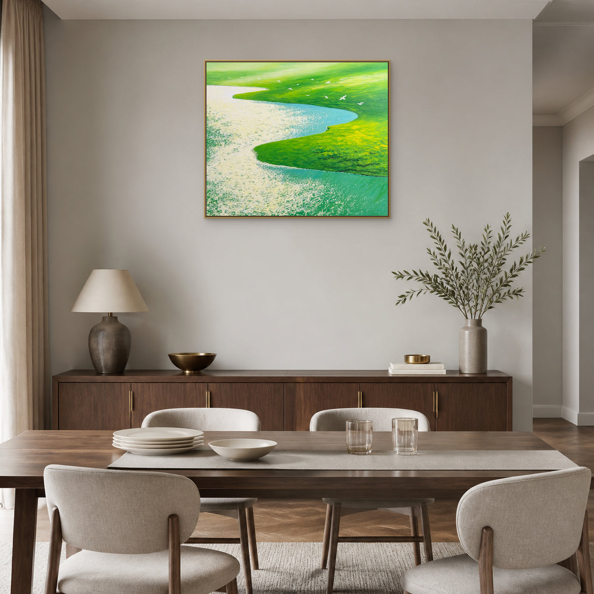 Flight Over Green Meadows in a slim champagne floating frame above a walnut dining room sideboard
