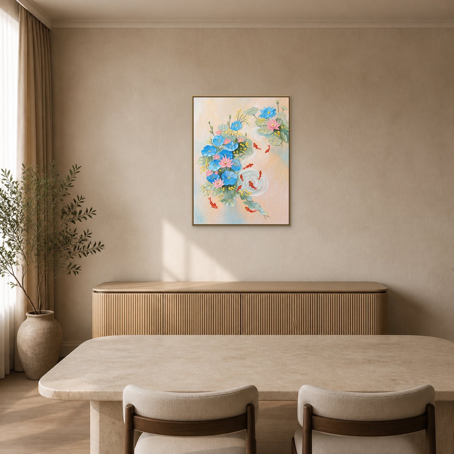 Nine Koi and Lotus in a slim champagne floating frame above a fluted sideboard and pale stone dining table