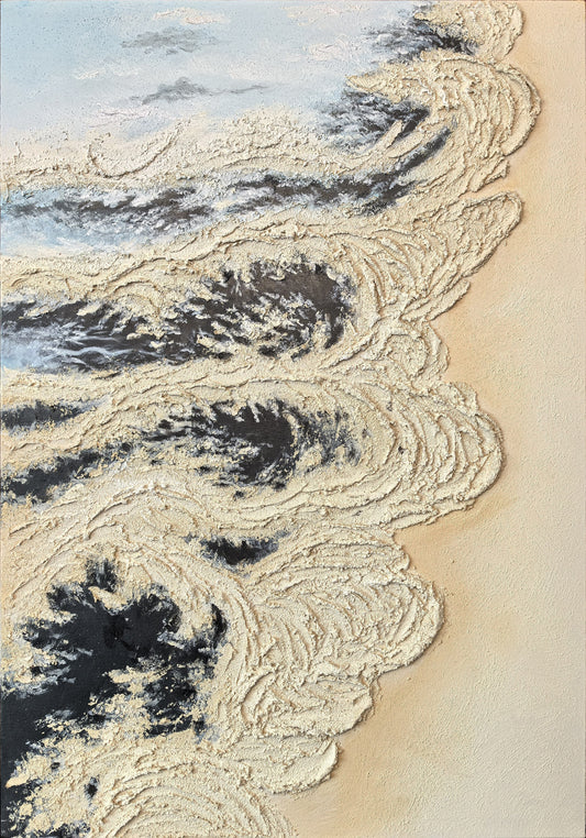 Close view of Calcified Meridian black, ivory and sand raised texture