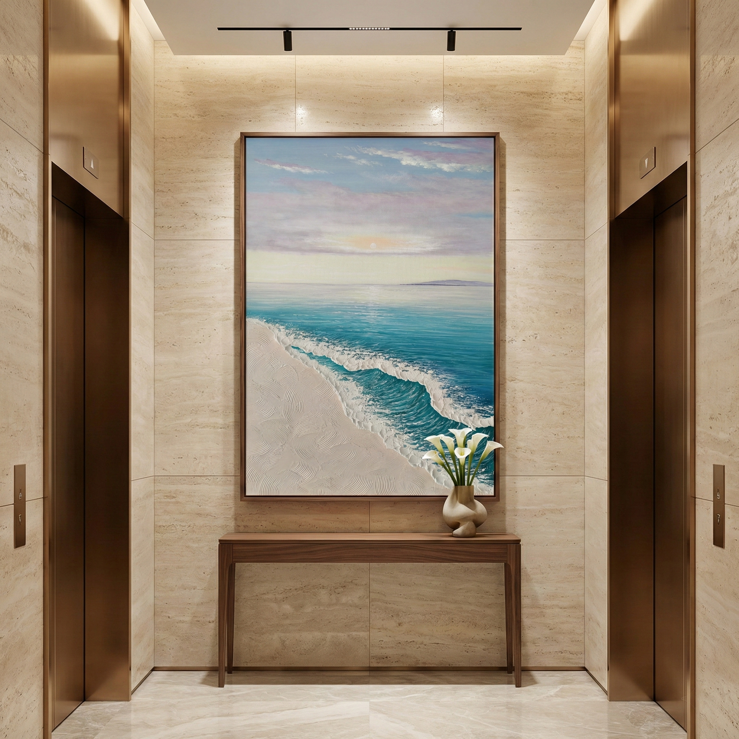 Ethereal Tide coastal statement art in a hotel elevator lobby