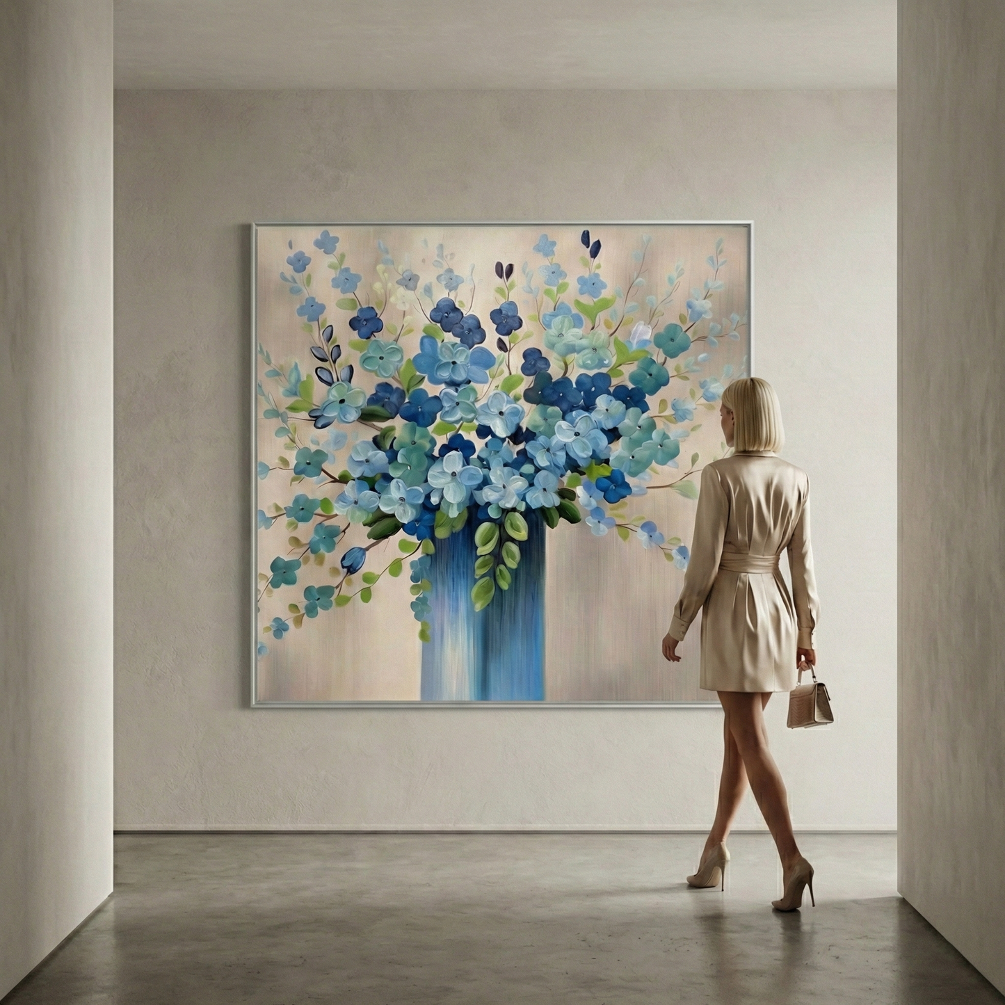 Indigo Silence large blue floral artwork in a gallery-style hallway