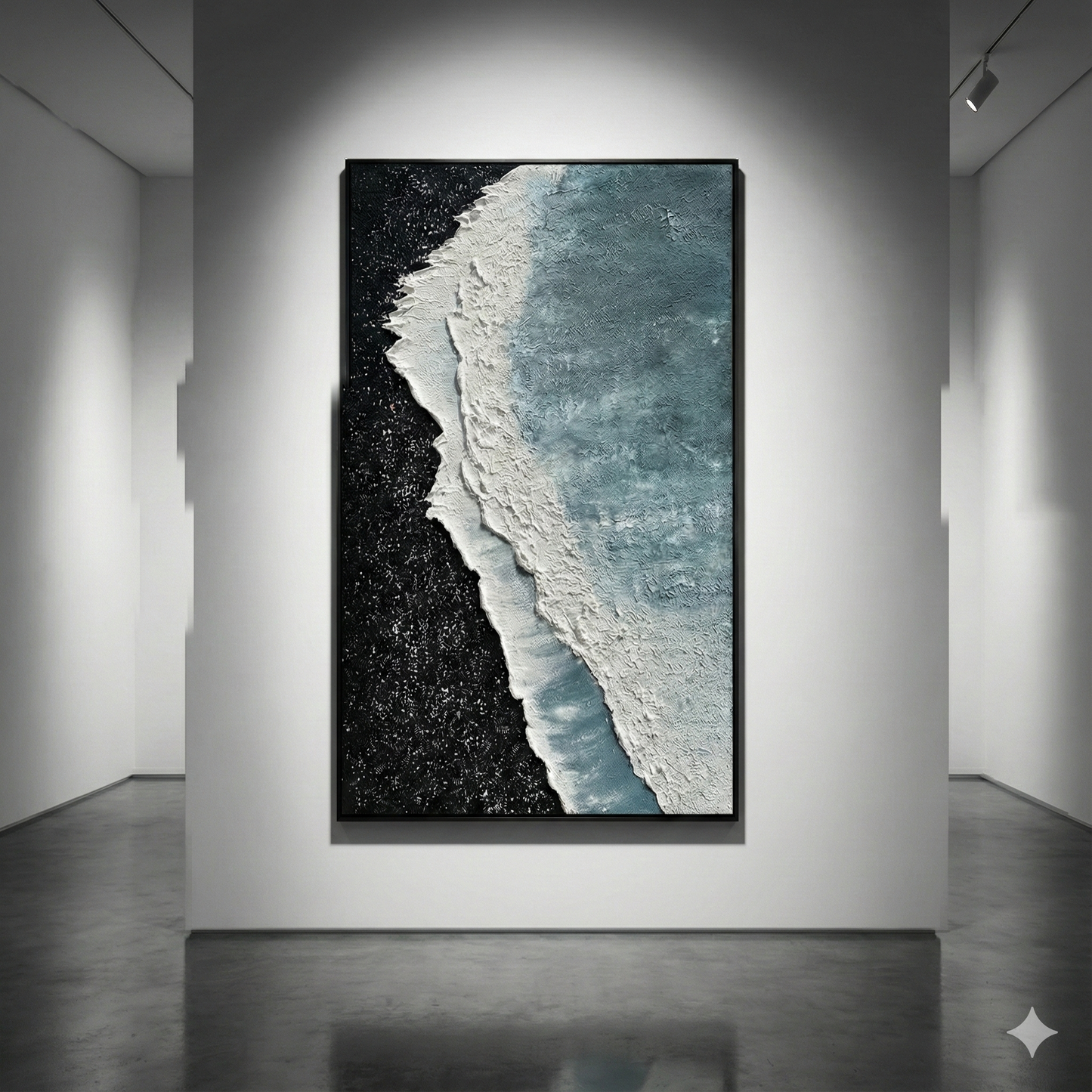 Silence in Onyx tall coastal artwork in a white gallery setting