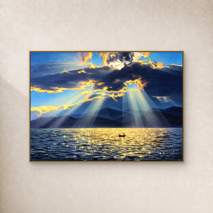 Blue and gold lake painting with sunbeams and a small rowboat, in a thin gold frame on an ivory wall