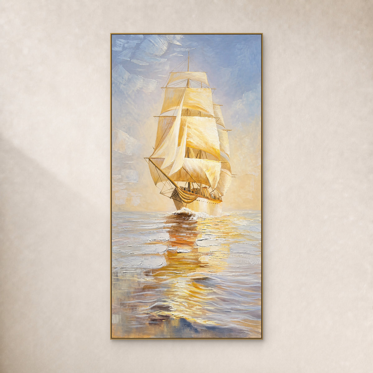 Tall painting of a golden sailing ship and its reflection, in a slim gold-coloured floating frame on an ivory wall.