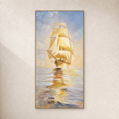 Tall painting of a golden sailing ship and its reflection, in a slim gold-coloured floating frame on an ivory wall.