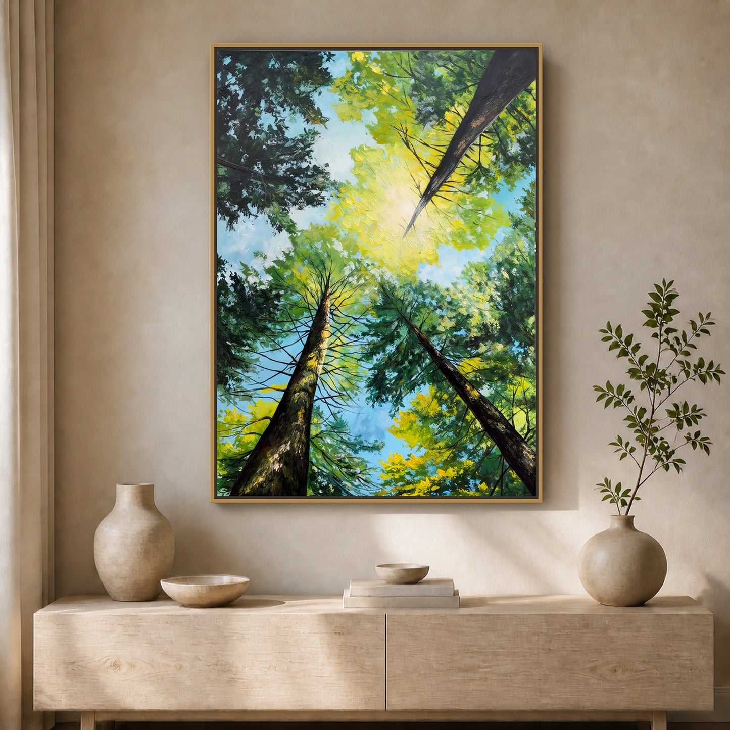 Light Through the Trees in a slim brass floating frame above a warm stone console