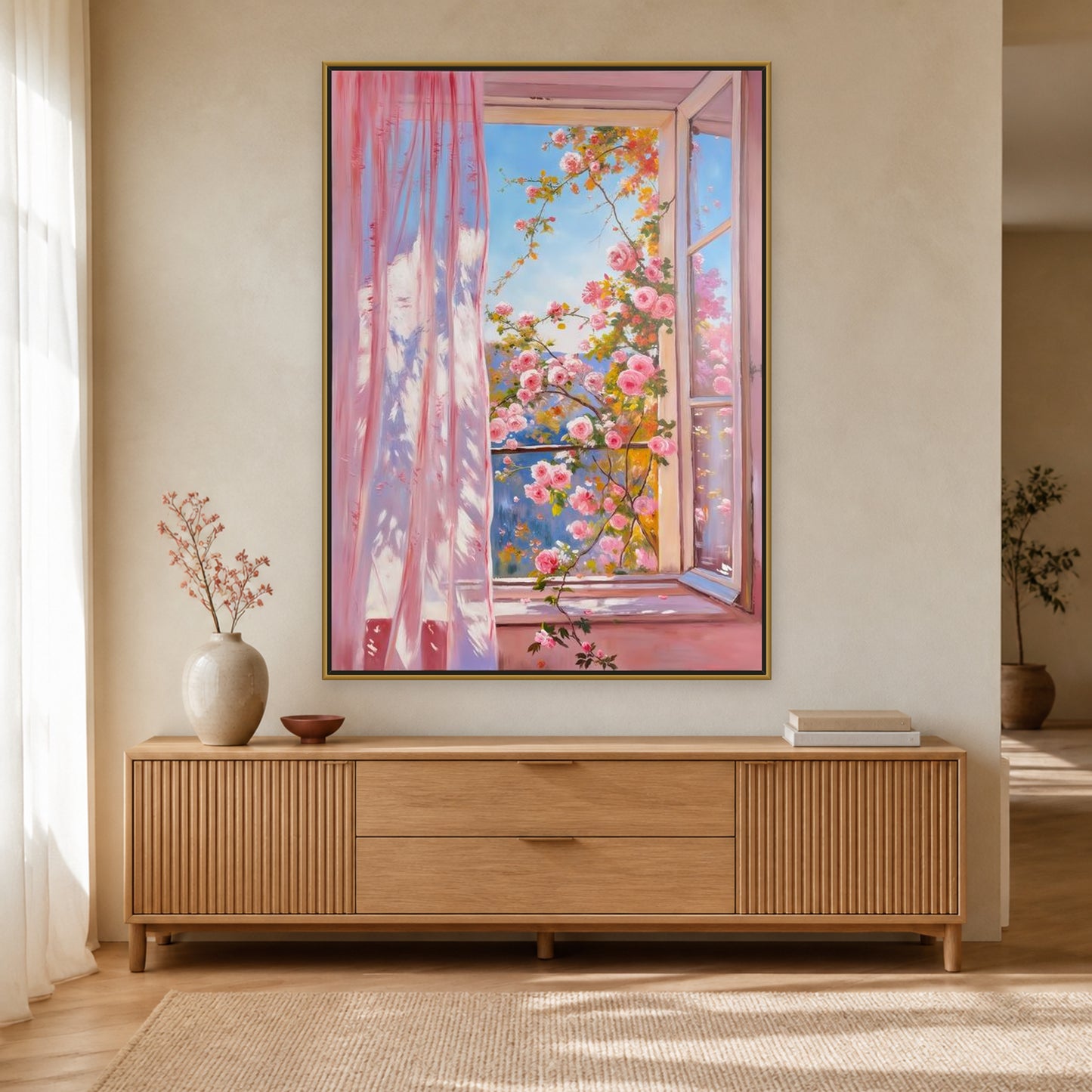 Roses at the Open Window in a slim brass floating frame above a warm oak sideboard