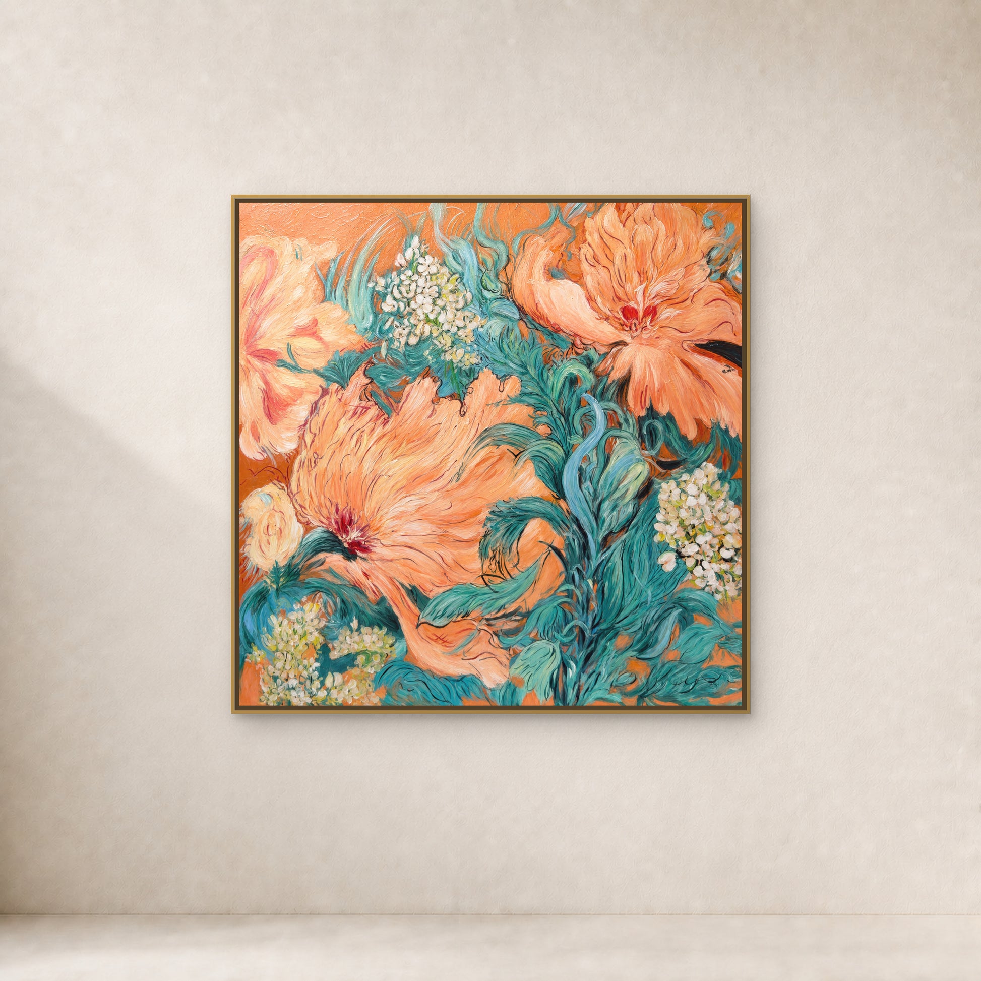 Coral Peony Garden in a slim gold floating frame on a warm ivory wall with a soft natural shadow