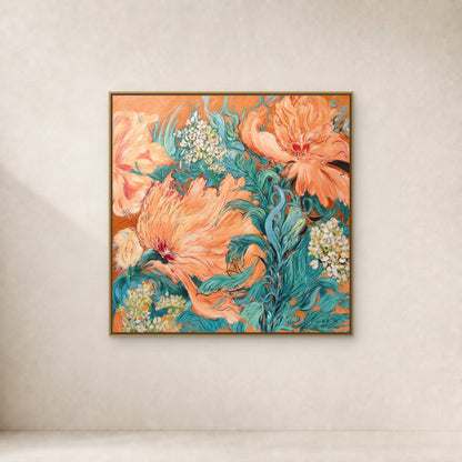 Coral Peony Garden in a slim gold floating frame on a warm ivory wall with a soft natural shadow