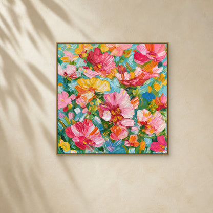Floral Abundance in a slim gold floating frame on a warm ivory wall with soft diagonal sunlight