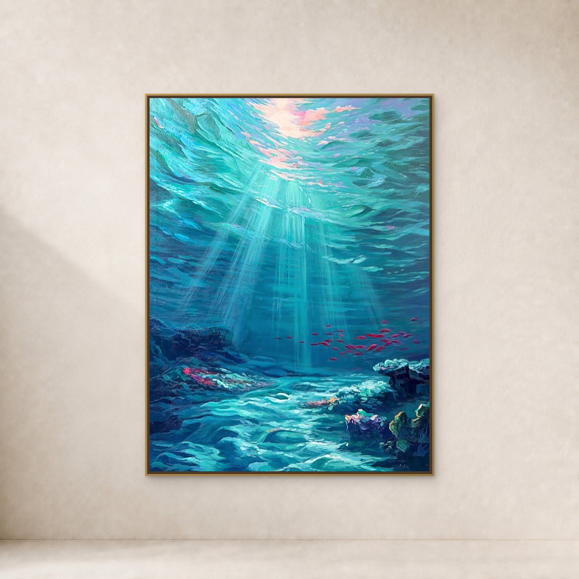 Deep Blue Reverie in a slim gold floating frame on a warm ivory wall with a soft natural shadow