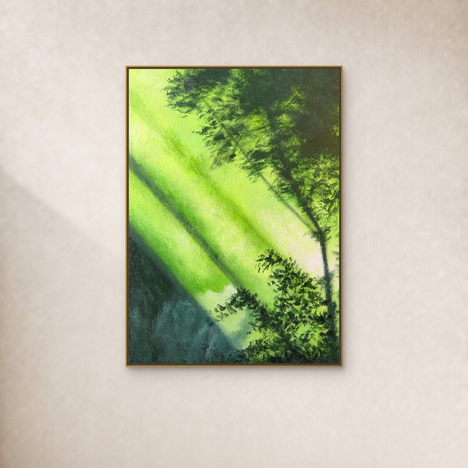 Forest Light in a slim gold floating frame on an uninterrupted warm ivory wall