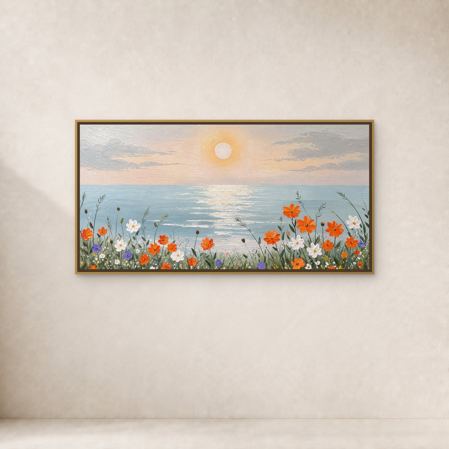 Coastal Bloom at Sunrise in a slim gold floating frame on a warm ivory wall with a soft natural shadow