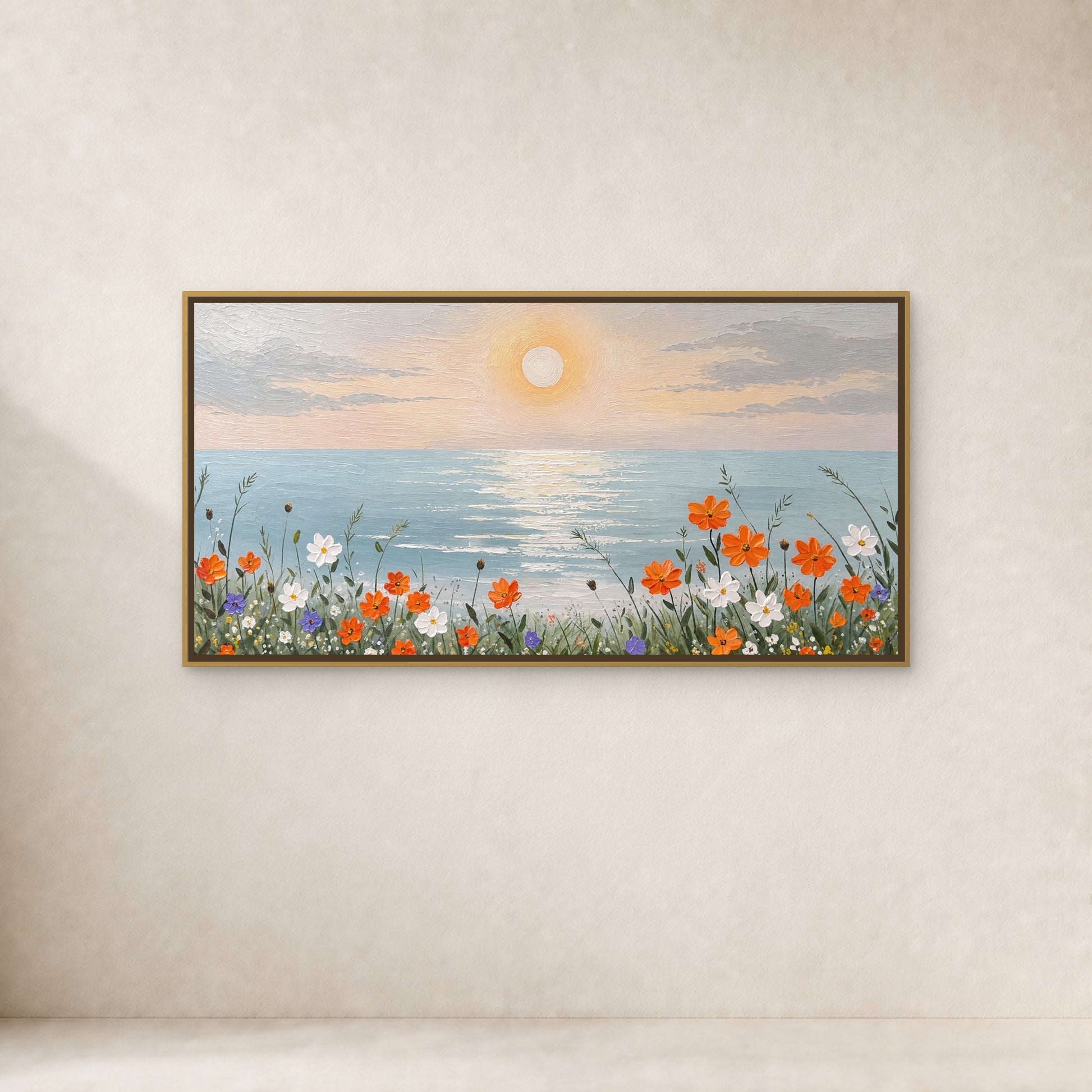 Coastal Bloom at Sunrise in a slim gold floating frame on a warm ivory wall with a soft natural shadow