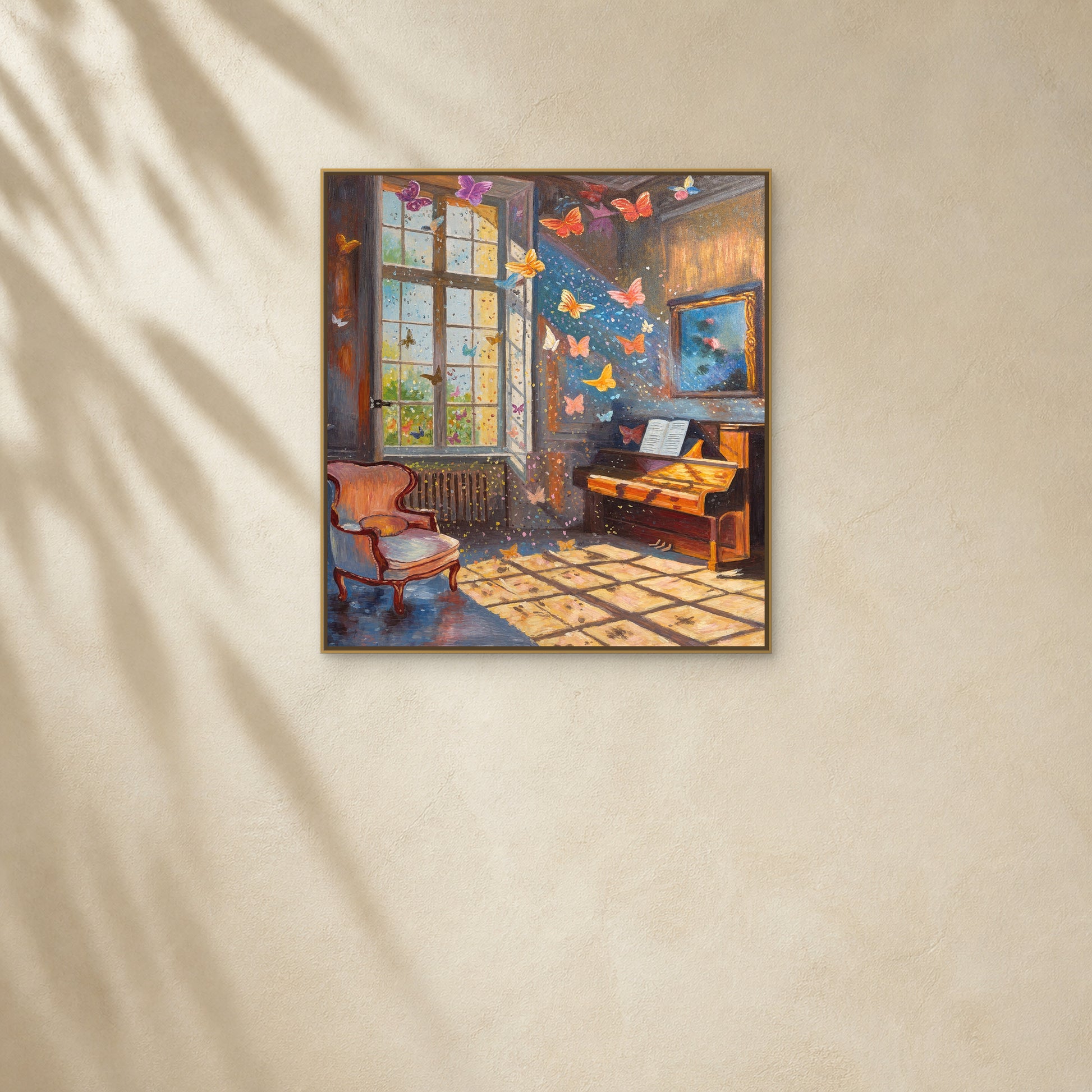 Butterflies in the Music Room in a slim gold floating frame on a warm ivory wall with soft diagonal sunlight