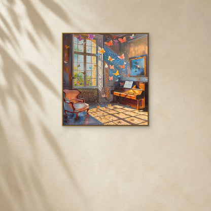 Butterflies in the Music Room in a slim gold floating frame on a warm ivory wall with soft diagonal sunlight
