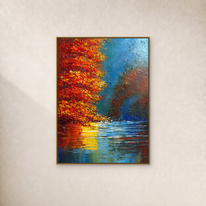 Autumn Reflections Across the Lake in a slim gold floating frame on a restrained warm ivory wall