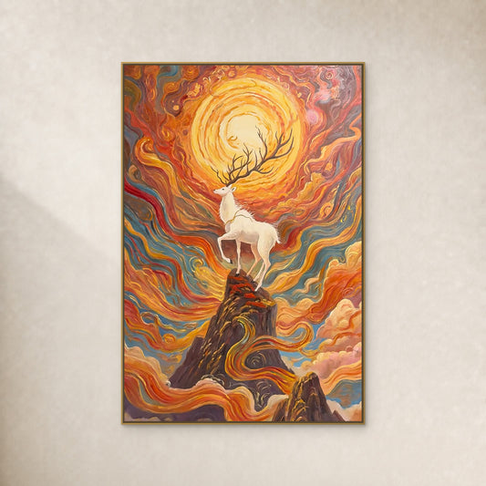 White deer and radiant sunrise mountain painting in a thin gold floating frame on a warm ivory wall