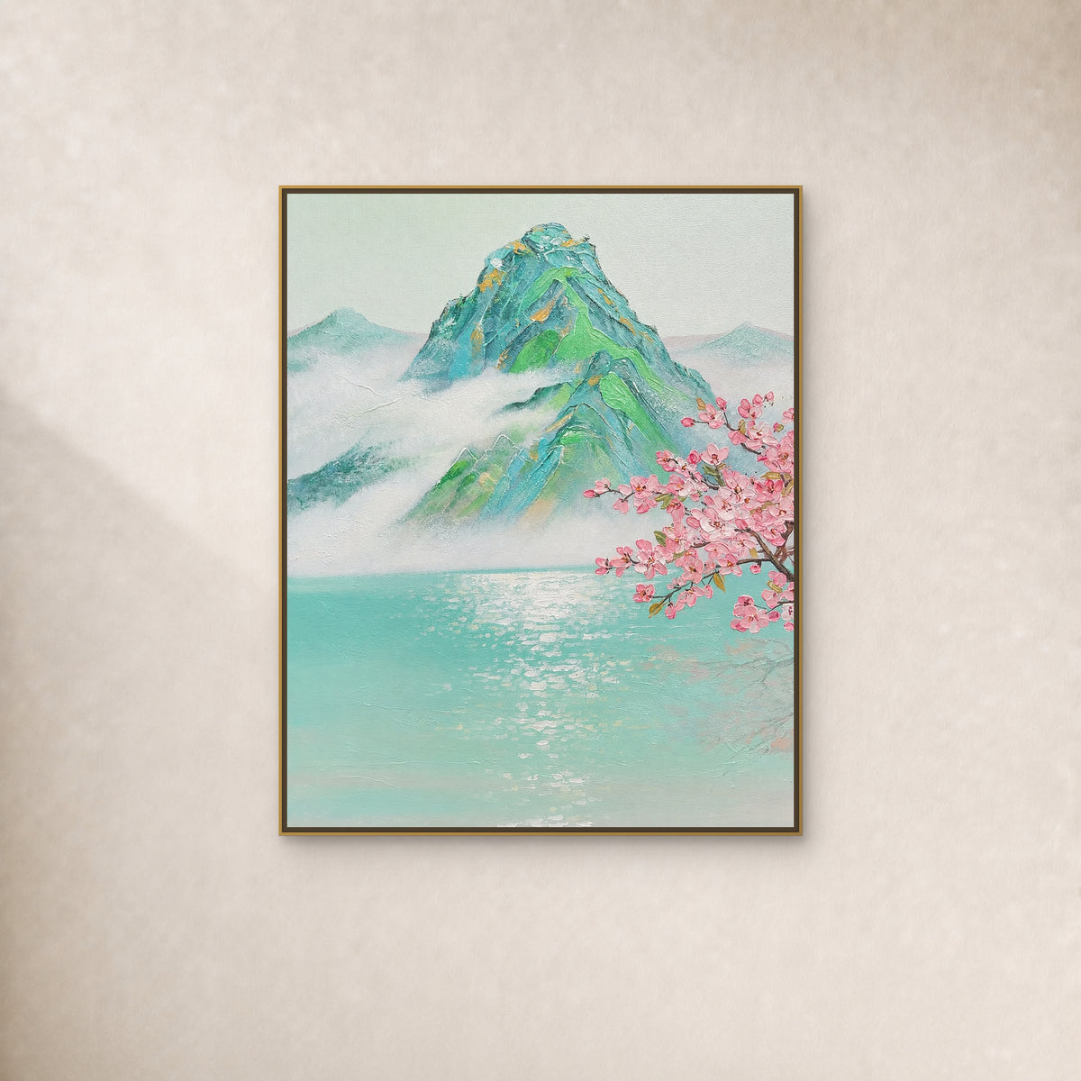 Peach Blossoms over Misty Peaks in a slim gold floating frame on a restrained warm ivory wall