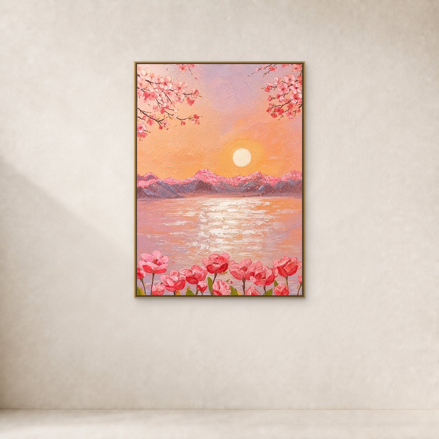 Cherry Blossom Sunset Lake in a slim gold floating frame on a warm ivory wall with a soft natural shadow