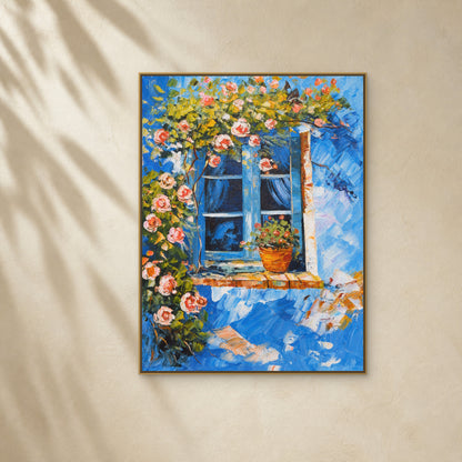 Blue Window in Bloom in a slim gold floating frame on a warm ivory wall above a pale oak sideboard