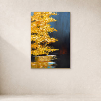 Golden Maple at Dusk in a slim gold floating frame on a warm ivory wall with soft diagonal sunlight