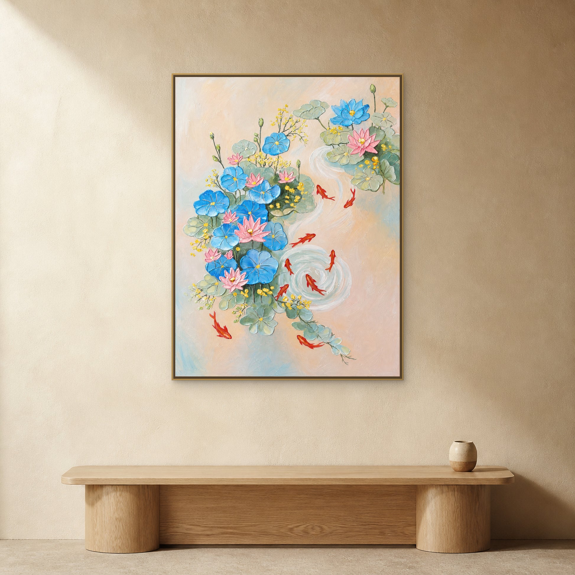 Nine Koi and Lotus in a slim gold floating frame above a light oak console on a warm ivory wall