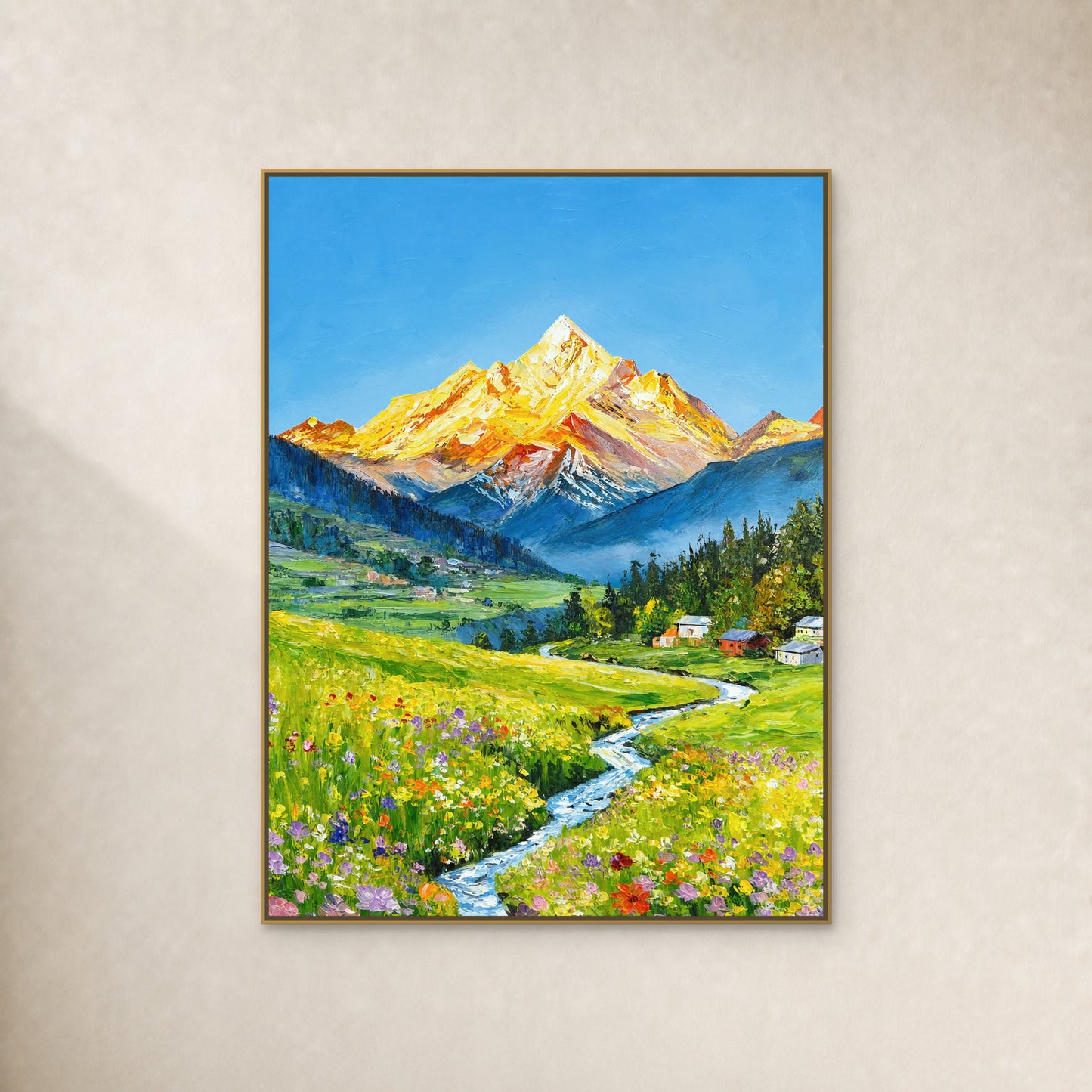 Spring Beneath the Golden Mountain in a slim gold floating frame on an uninterrupted warm ivory wall