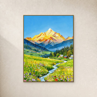 Spring Beneath the Golden Mountain in a slim gold floating frame on an uninterrupted warm ivory wall
