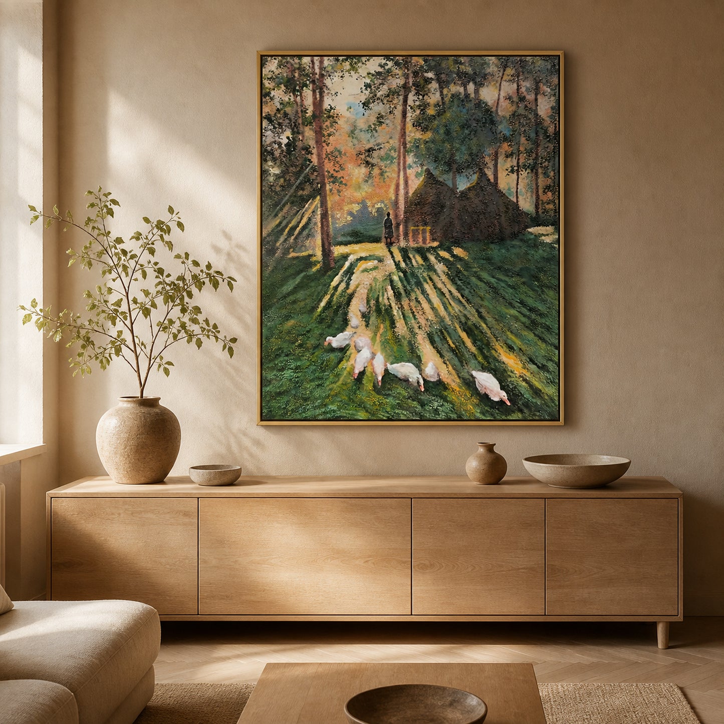Woodland Morning in a slim brass floating frame above a pale oak living room sideboard