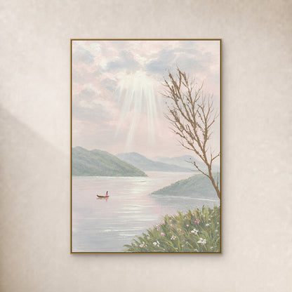 Pastel lake painting with a tiny boat and light rays in a thin gold frame on an ivory wall
