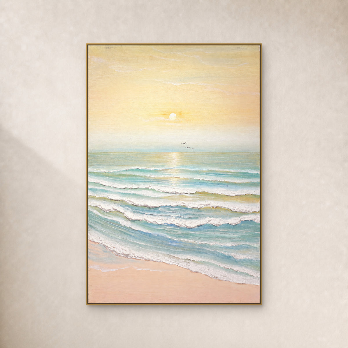 Morning Tide sunrise seascape with pale aqua waves and raised white foam in a thin gold floating frame