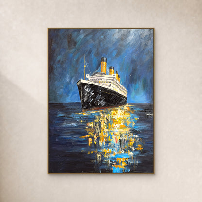 Night ocean liner with four funnels and golden reflections, in a thin gold-toned floating frame on an ivory wall