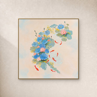 Square painting of pastel lotus and nine red koi in a slim gold frame on an ivory wall