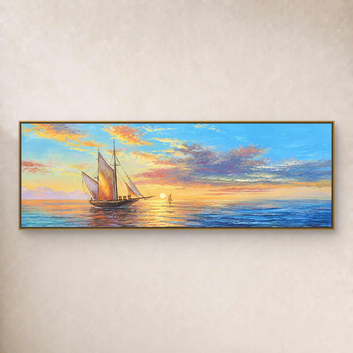 Panoramic sunset painting with amber sails, lavender clouds and blue water in a thin gold floating frame