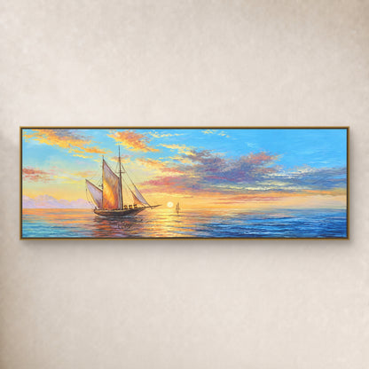 Panoramic sunset painting with amber sails, lavender clouds and blue water in a thin gold floating frame
