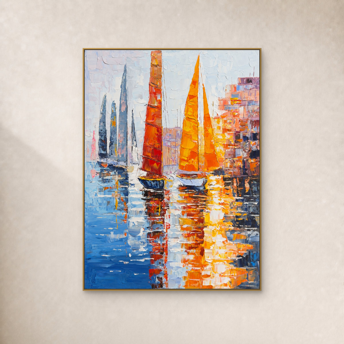 Colourful sailboat harbour painting in a thin gold floating frame on a warm ivory wall