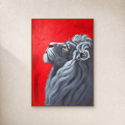 Silver-grey lion looking upward against a scarlet background, in a thin gold-tone floating frame on an ivory wall
