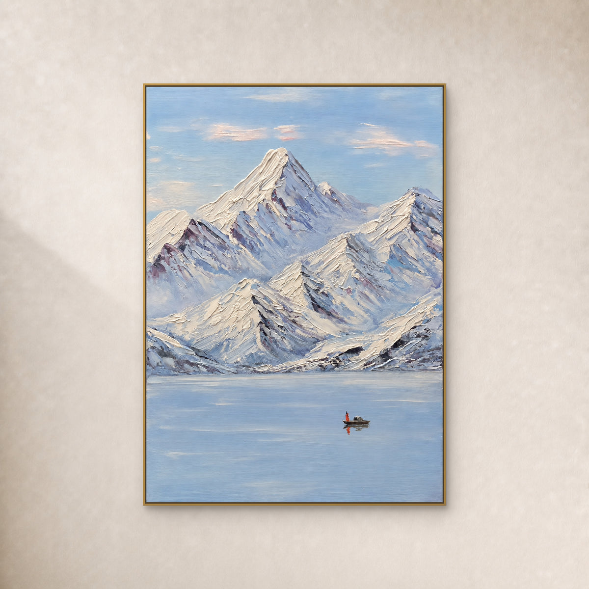 Snow Peaks, Still Lake mountain painting with textured snow ridges and a small boat in a thin gold floating frame