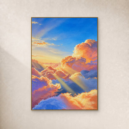 Sunlit peach clouds, blue-violet shadows and diagonal rays in a thin gold floating frame on a warm ivory wall