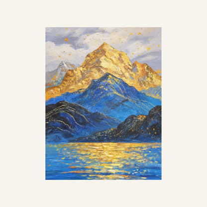 Full view of Golden Summit, a vertical blue and gold mountain scene with layered ridges and reflected light on water