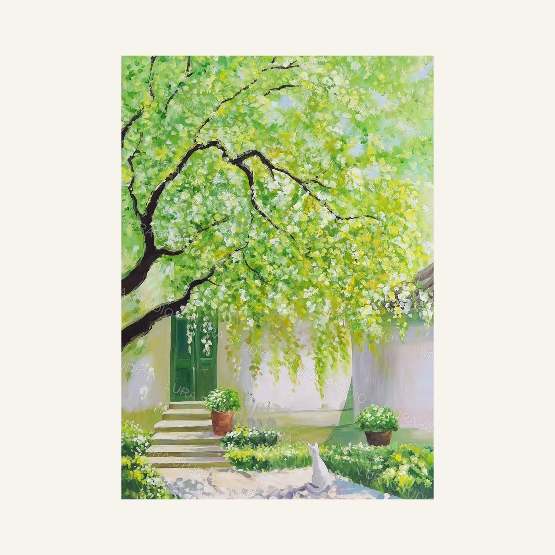 Full view of Spring Courtyard, a vertical green garden scene with arching branches, potted flowers and a white cat