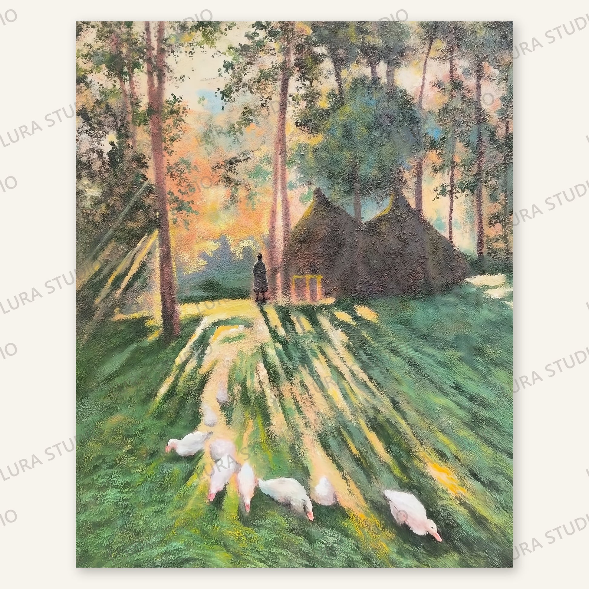 Full view of Woodland Morning, a vertical hand-painted forest cottage landscape with white geese