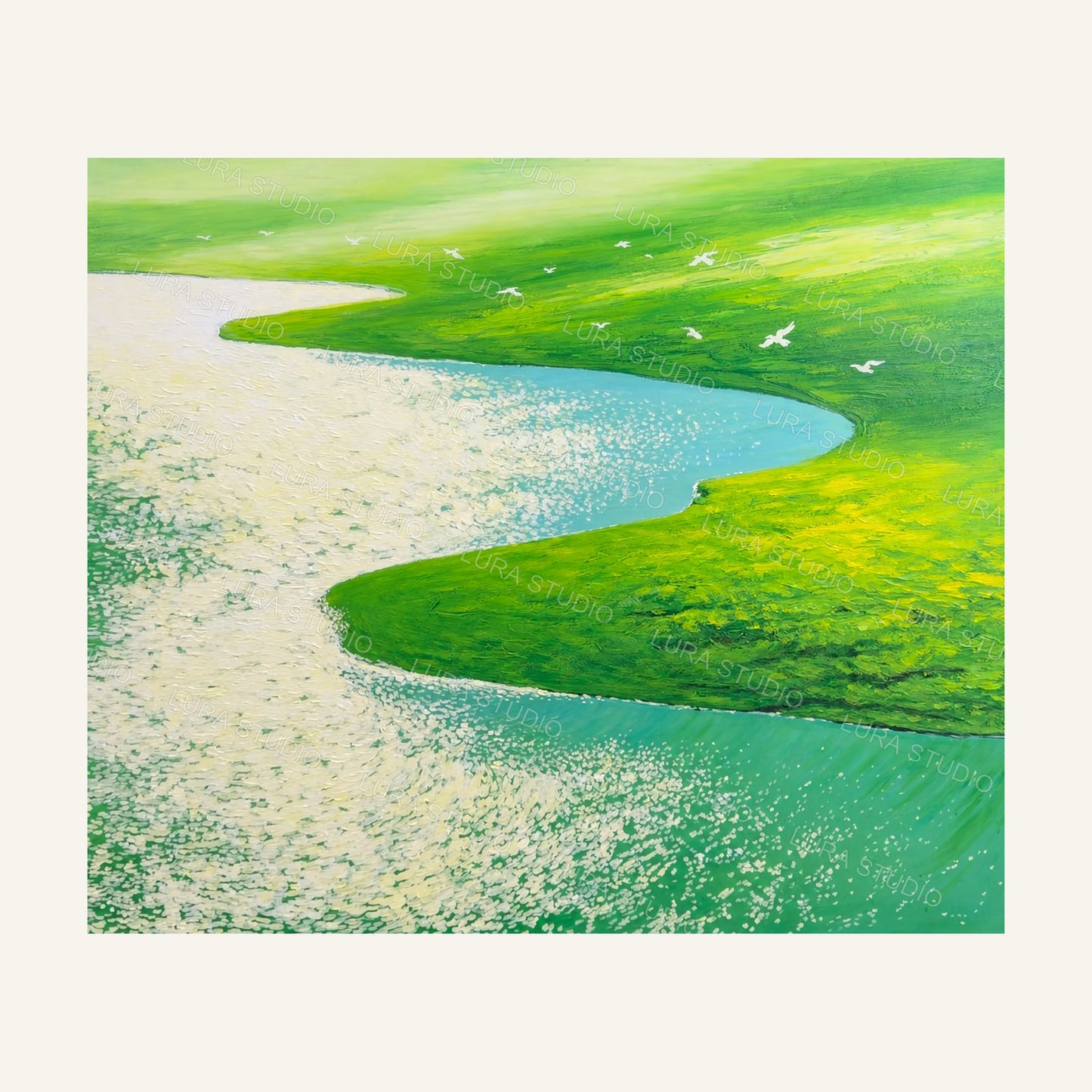 Full view of Flight Over Green Meadows, a horizontal green river landscape with white birds in flight