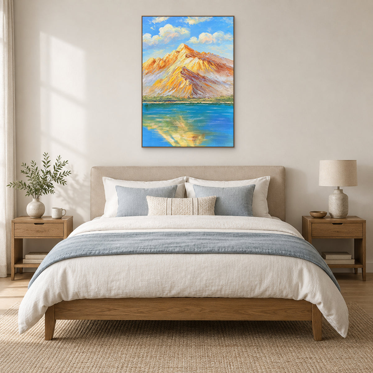 Vertical mountain lake painting in an oak-tone frame centred above a pale upholstered bed