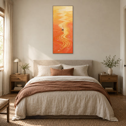 Orange sailboat painting in an oak-tone frame centred above a cream bed with a rust-coloured throw