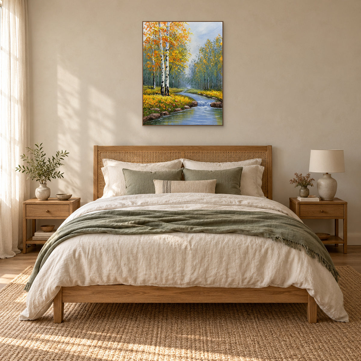 Autumn woodland stream painting in an oak-tone frame above a cane headboard with sage and cream bedding.
